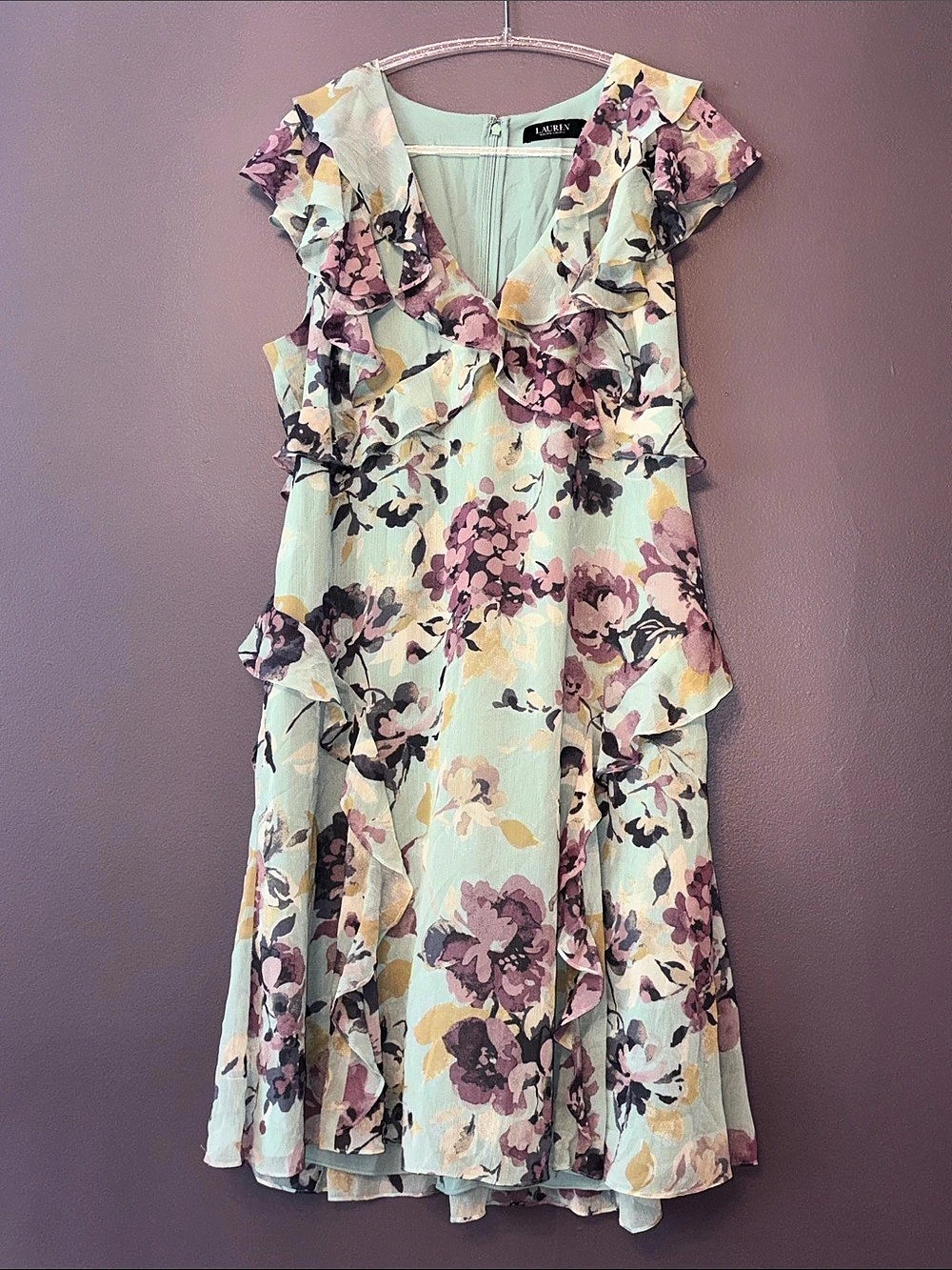 Lauren Ralph Lauren Floral Ruffle-Trim Women’s 16 Midi Dress Green & Pink NWT